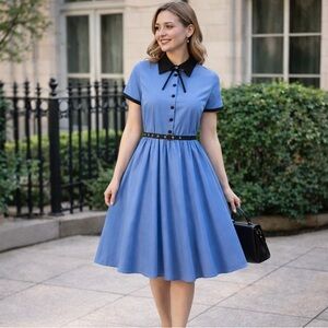 Vintage-Inspired Blue Fit & Flare Dress | Knee-Length | Retro Style Sz 12